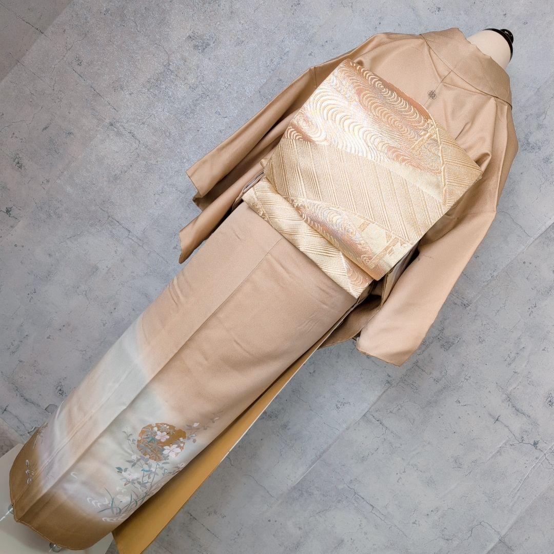 訪問着　フルセット　着物　正絹　ゴールドベージュ　Sサイズ　花　しつけ糸金　C1