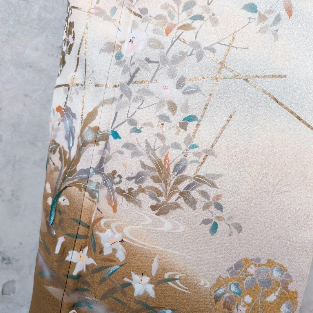 訪問着　フルセット　着物　正絹　ゴールドベージュ　Sサイズ　花　しつけ糸金　C1