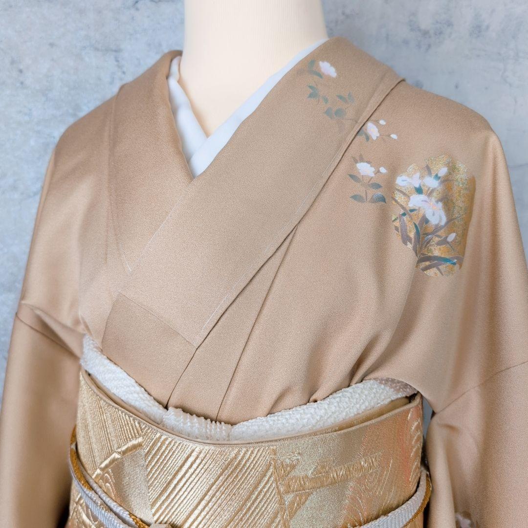 訪問着　フルセット　着物　正絹　ゴールドベージュ　Sサイズ　花　しつけ糸金　C1