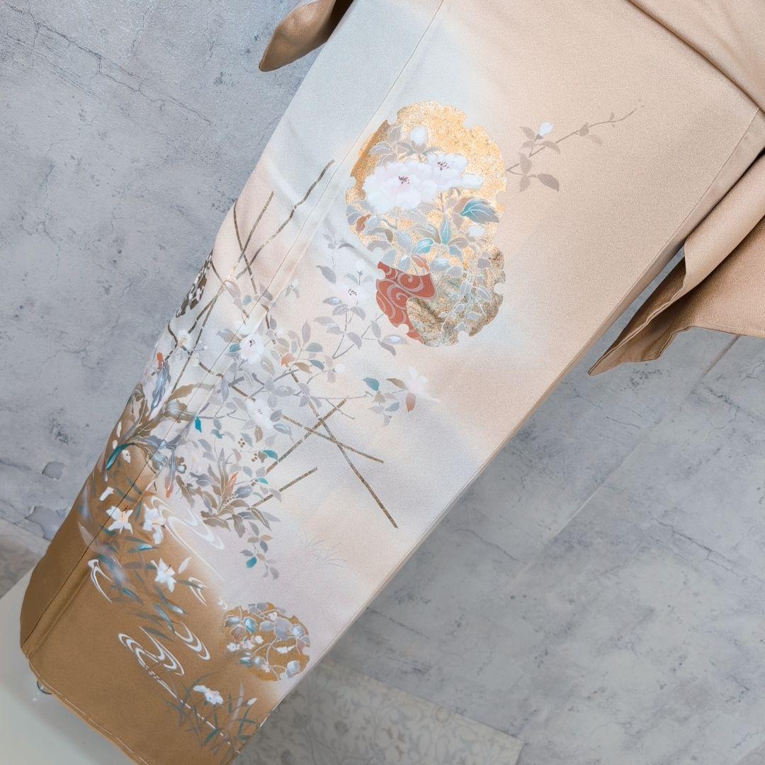 訪問着　フルセット　着物　正絹　ゴールドベージュ　Sサイズ　花　しつけ糸金　C1