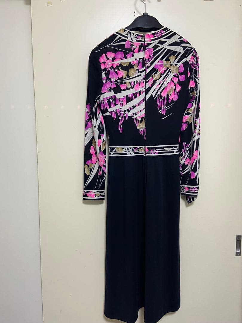 レオナール ワンピース 花柄 トリム ウエストマーク シルク フランス製 S相当