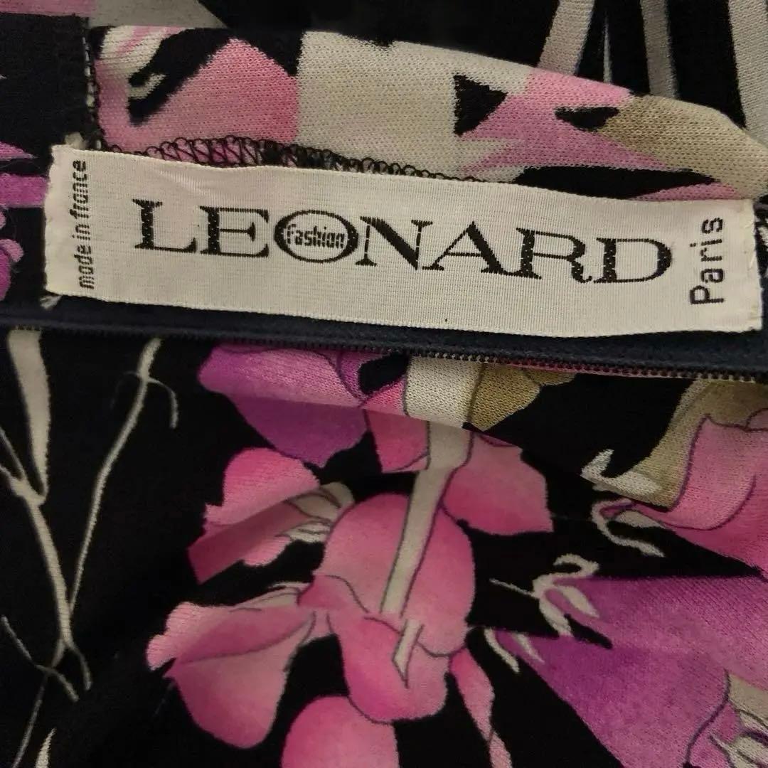 レオナール ワンピース 花柄 トリム ウエストマーク シルク フランス製 S相当