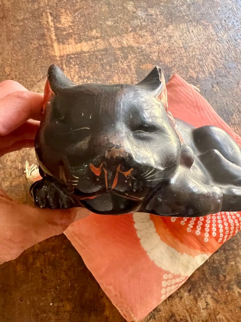時代　アンティーク　黒猫　眠り猫　置物　レトロ　古道具　縁起物