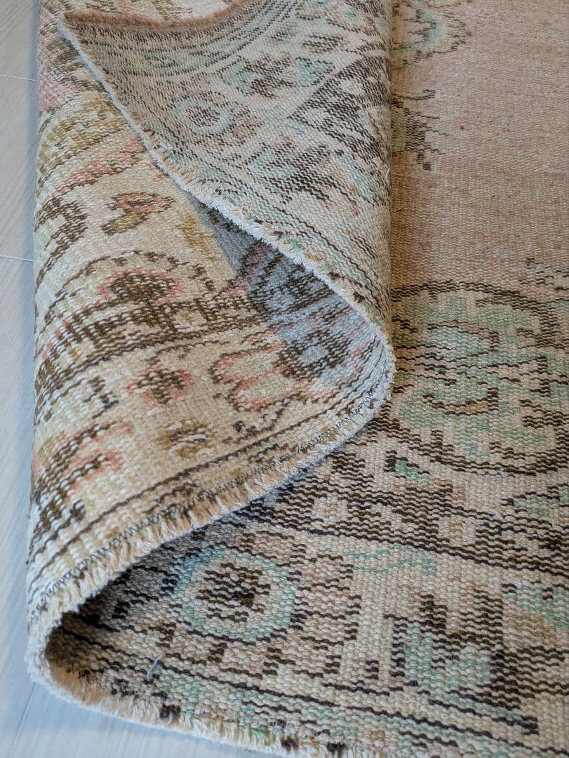 大判163×258 シャビーサーモン×エメラルドグリーン　トルコヴィンテージラグ