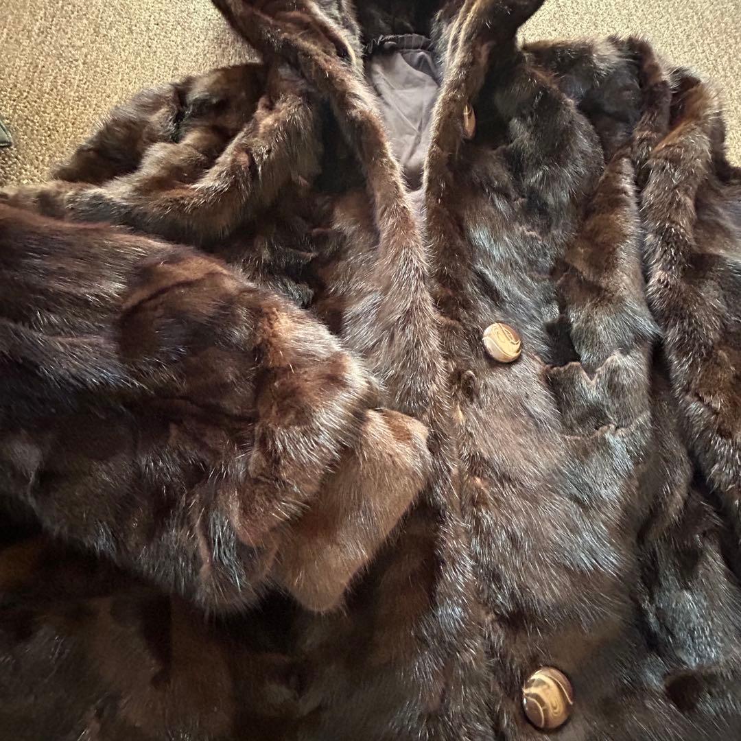 【美品】フード付き ミンク Aライン ロングコート ダークブラウン 95センチ丈