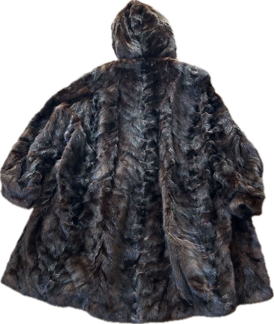 【美品】フード付き ミンク Aライン ロングコート ダークブラウン 95センチ丈