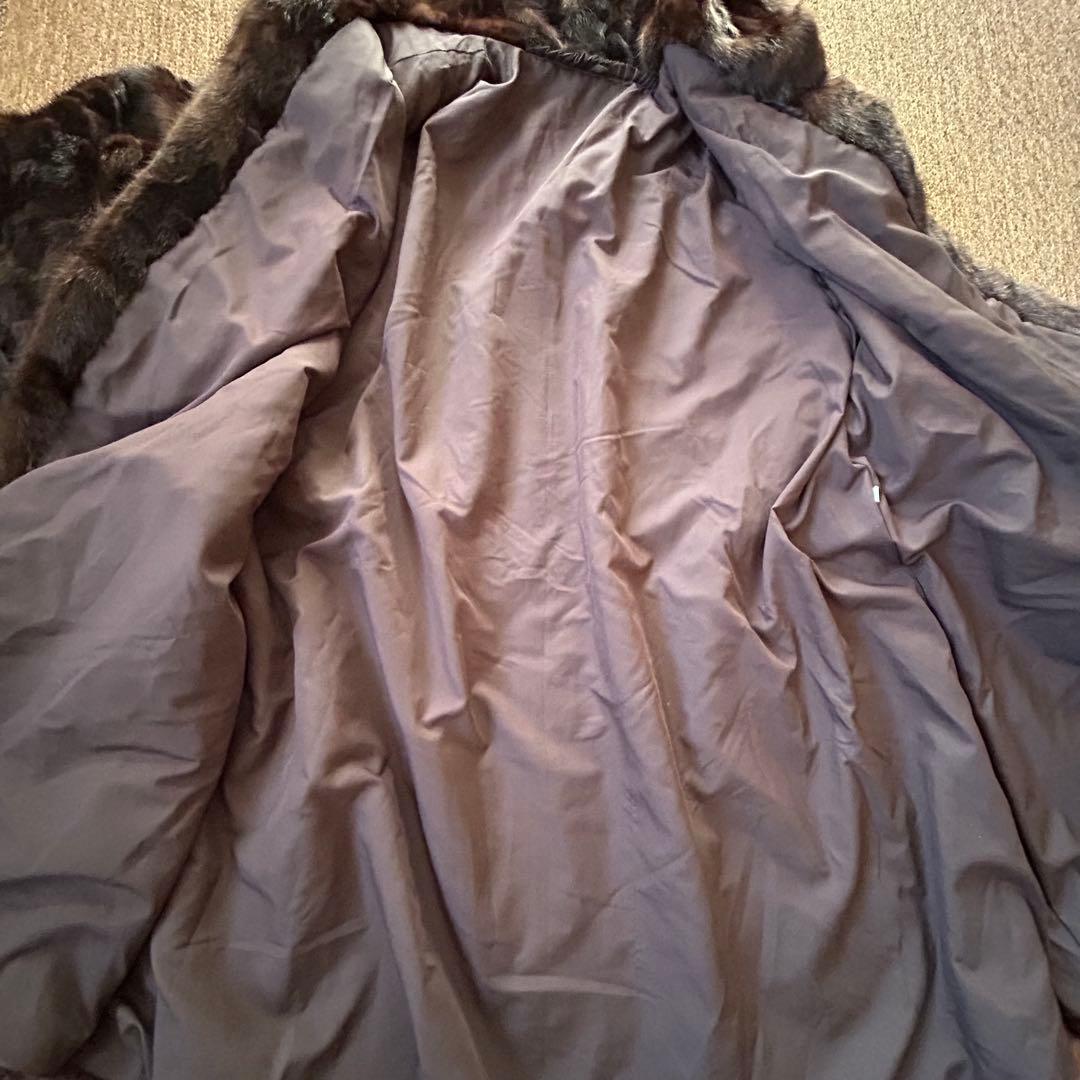 【美品】フード付き ミンク Aライン ロングコート ダークブラウン 95センチ丈