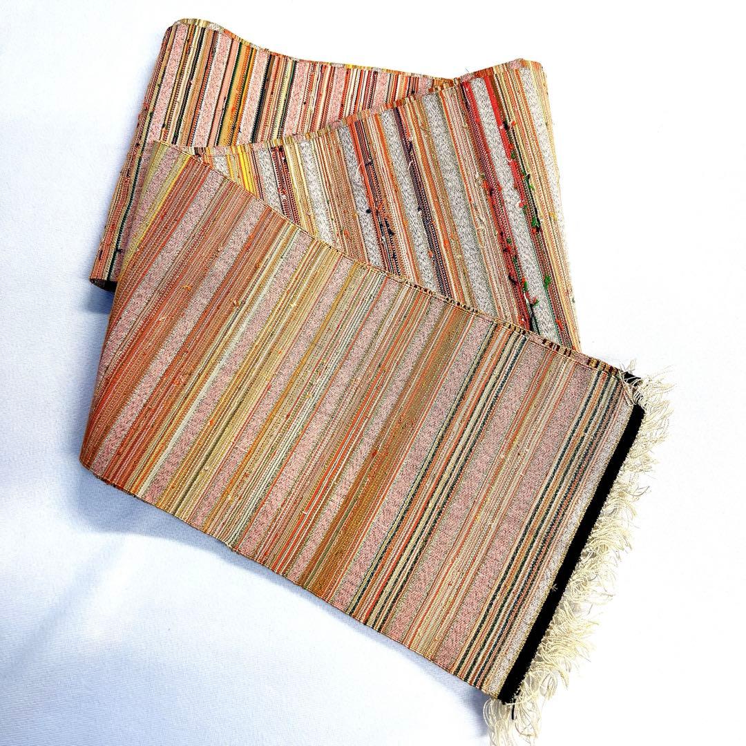 半幅帯　単衣帯　横縞　カラフル　紬　銀糸　着物　124tz