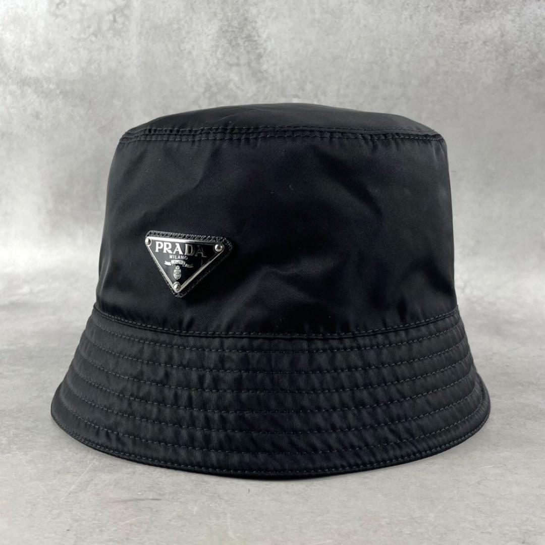 【極美品】PRADA 三角 トライアングル ロゴ バケットハット ブラック M