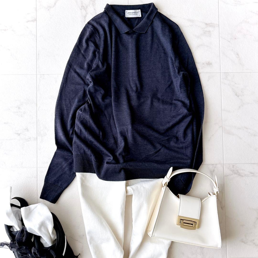 ジョンスメドレー＊ポロニット M ネイビー 薄手 ウール100% クレリック