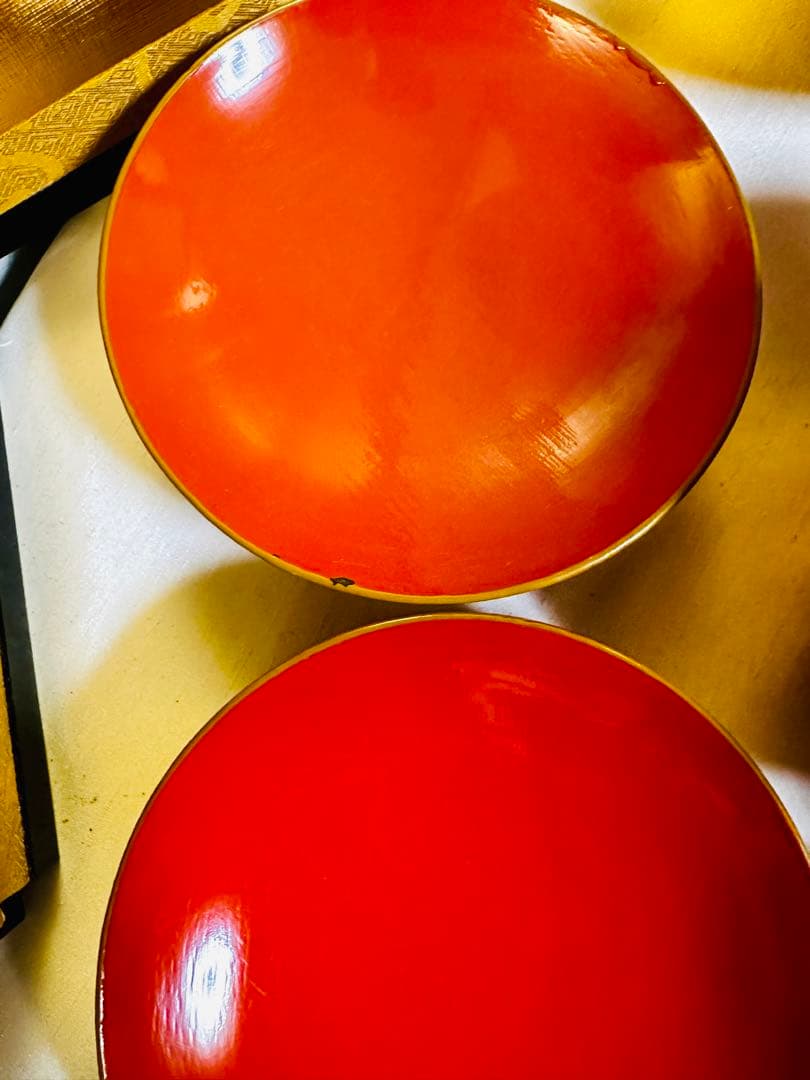 木製漆器 汁椀 吸物椀 朱色 骨董　金蒔絵 金縁 富士山/松/鶴 G52