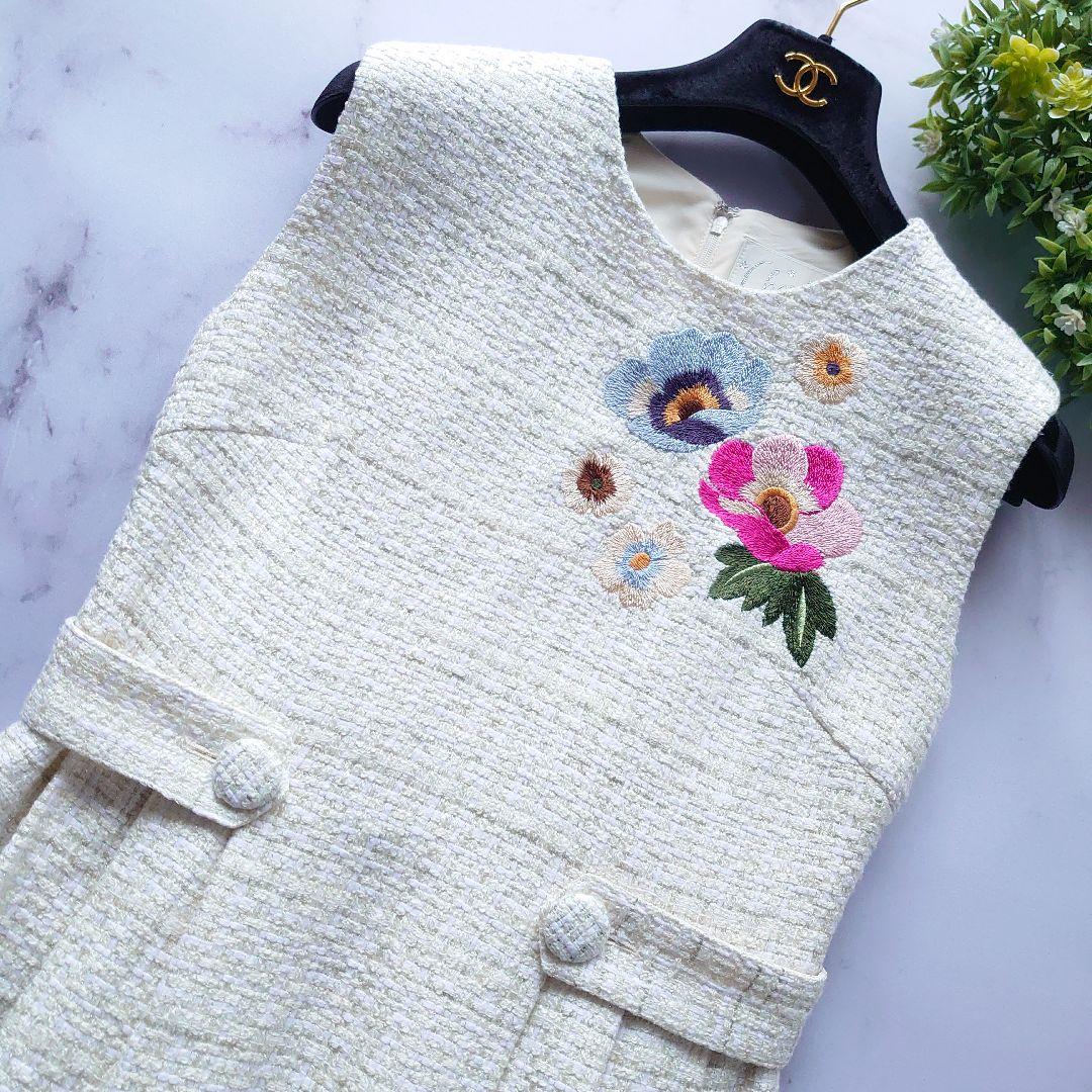 近年 チェスティ ツイード刺繍ロングワンピース チェック 花柄 ホワイト 0