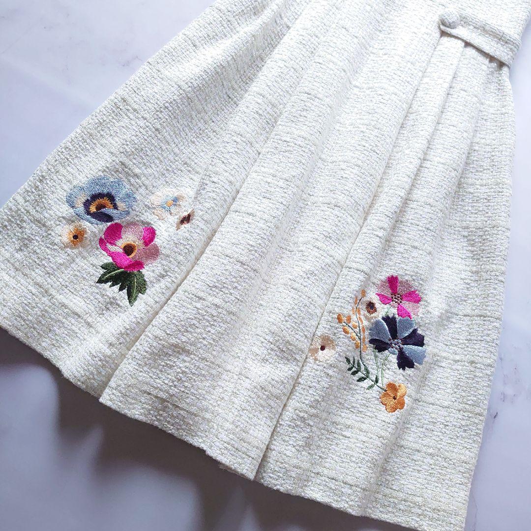 近年 チェスティ ツイード刺繍ロングワンピース チェック 花柄 ホワイト 0
