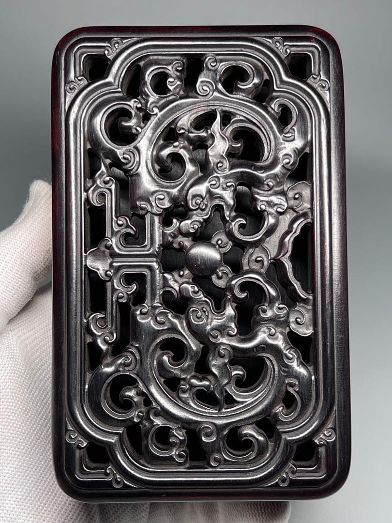 木製　小物入れ　紫檀　硯箱　透かし彫り　龍紋　極細工　文房具　中国美術　美品