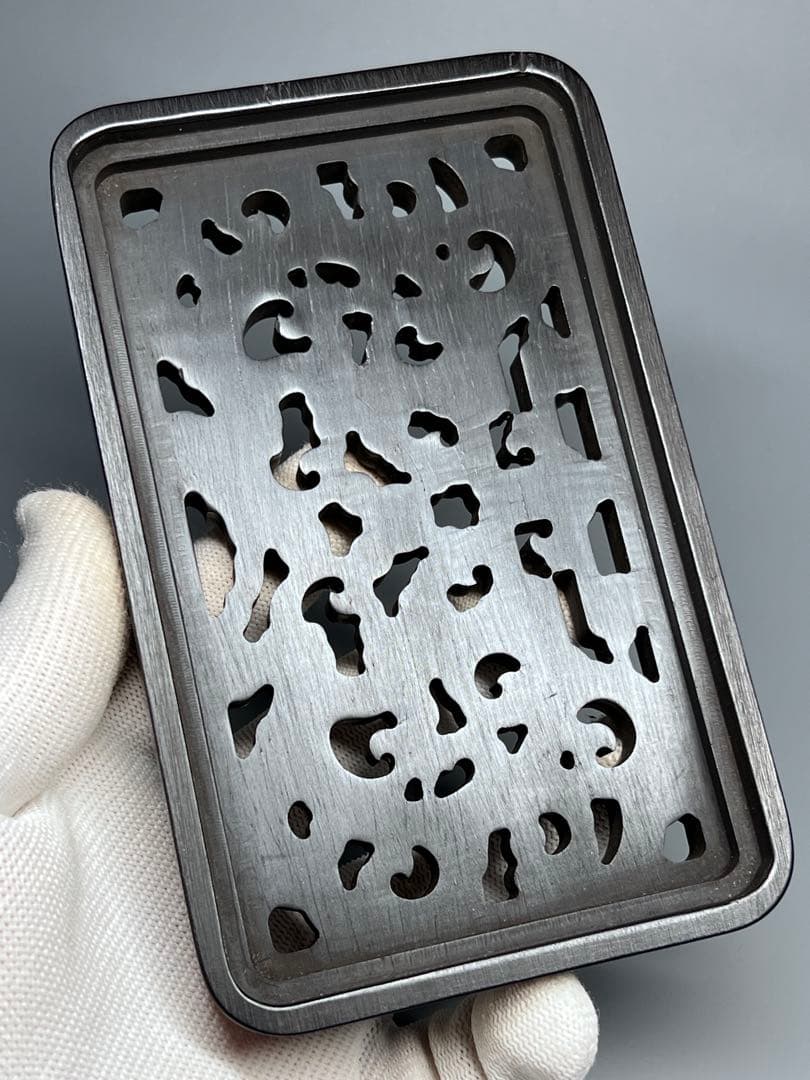 木製　小物入れ　紫檀　硯箱　透かし彫り　龍紋　極細工　文房具　中国美術　美品