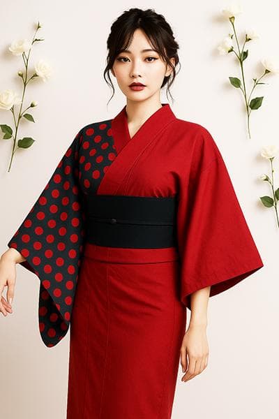 浴衣 単品 女性用 日本製 半身仕立て 綿100％ 深紅×青灰色 水玉模様