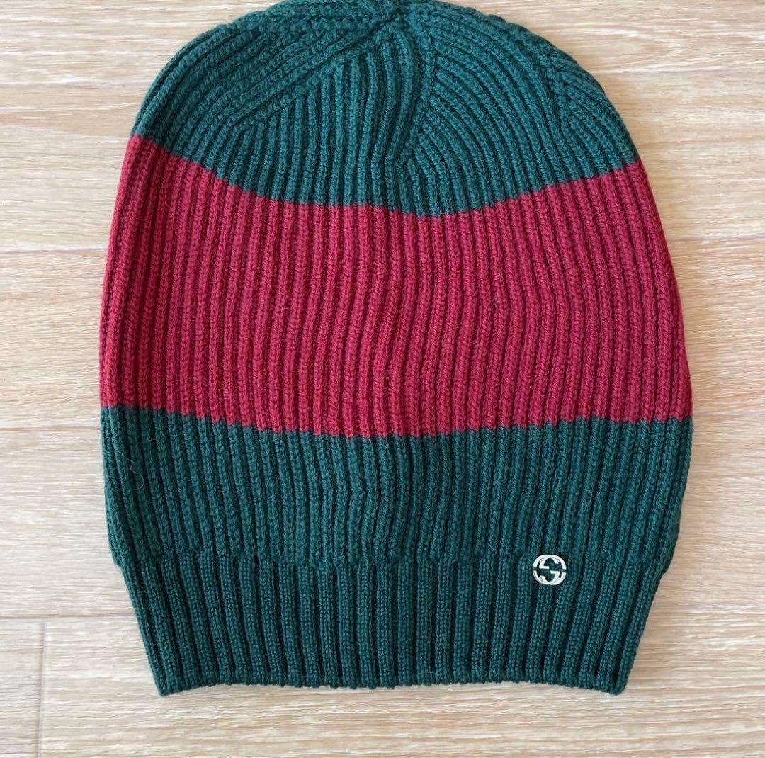 リブ編みニット帽 緑と赤のストライプ