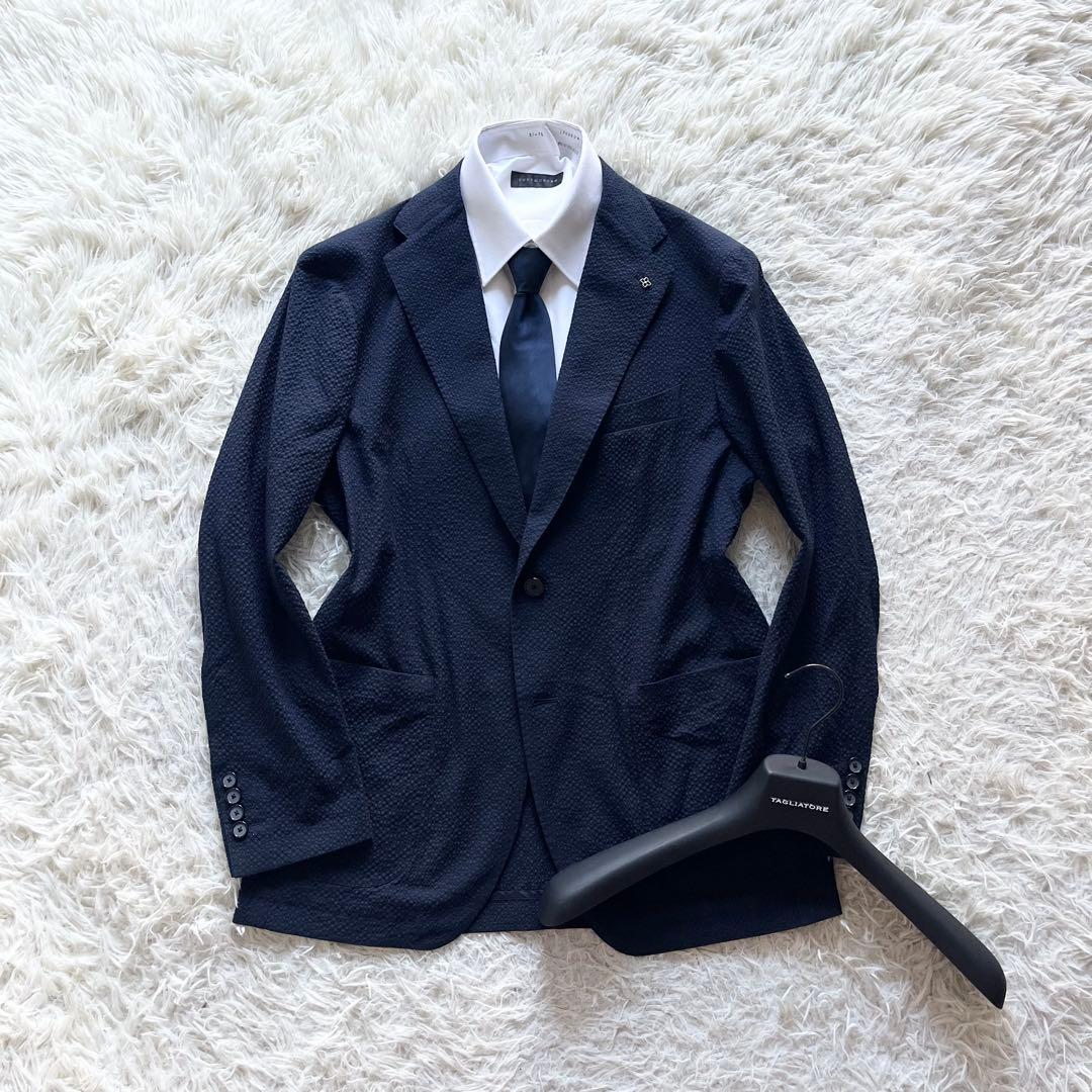 <極美品>TAGLIATORE 新ロゴ ネイビー シアサッカー ジャケット 48