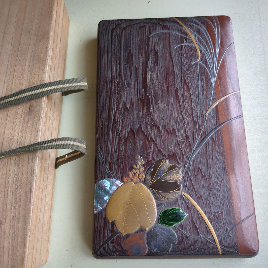 硯箱 桐の花 すすき 蒔絵 螺鈿 陶器 木製 桐 硯、水滴 筆置付 木箱 書