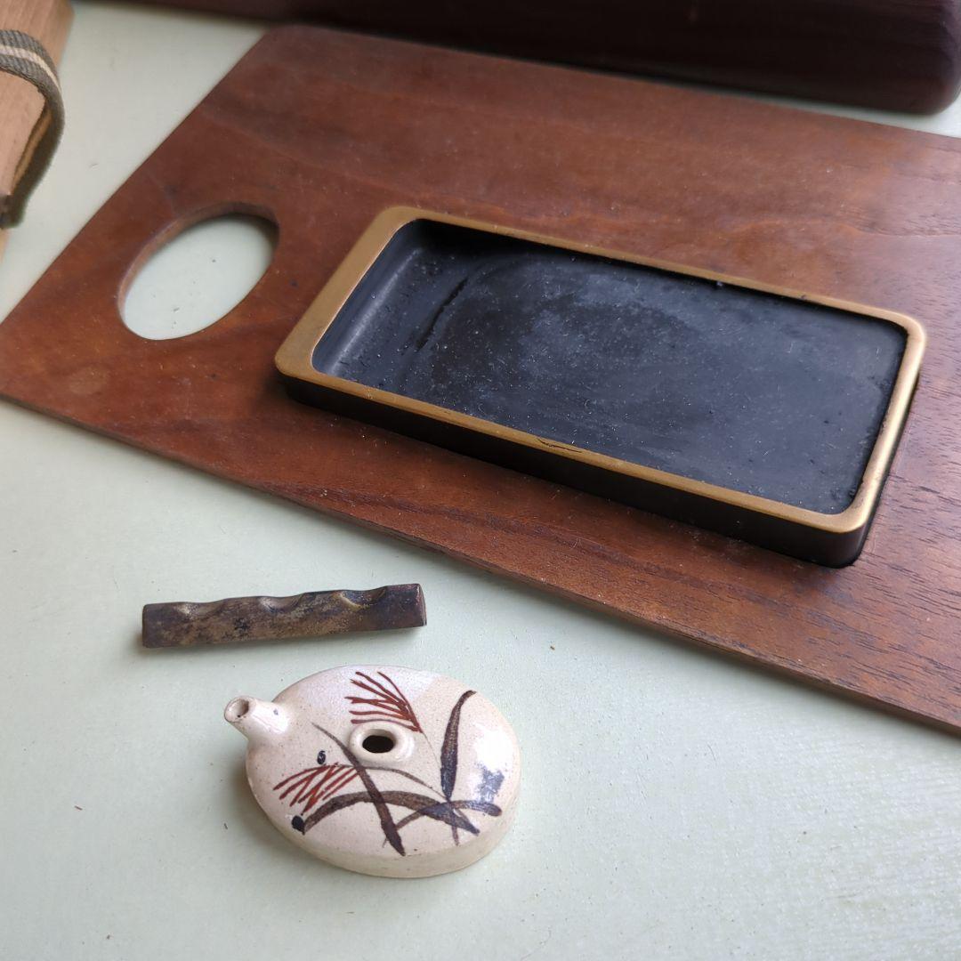 硯箱 桐の花 すすき 蒔絵 螺鈿 陶器 木製 桐 硯、水滴 筆置付 木箱 書