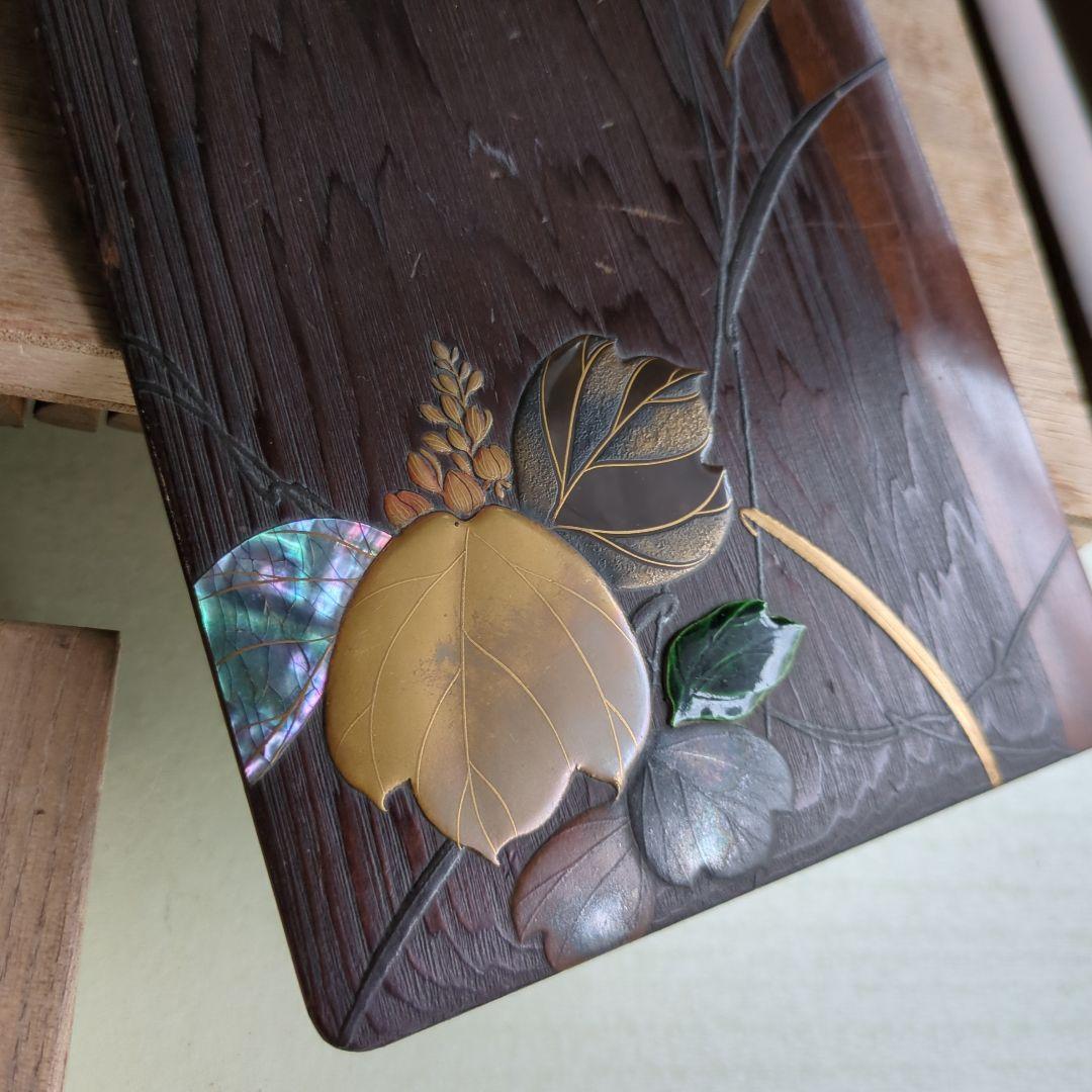 硯箱 桐の花 すすき 蒔絵 螺鈿 陶器 木製 桐 硯、水滴 筆置付 木箱 書