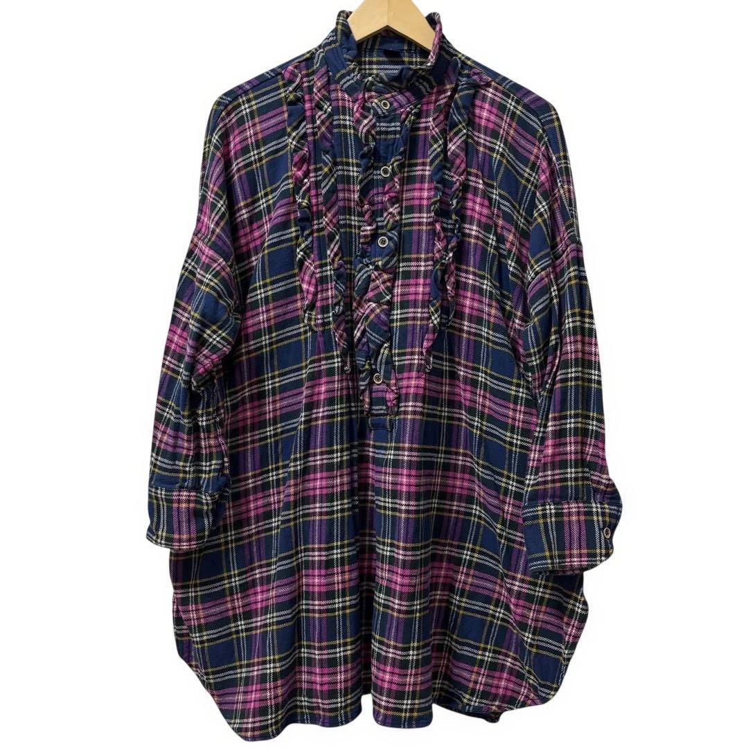 美品 45R インドネル フリルチュニック チェック 背中Rロゴ刺繍 ピンク F