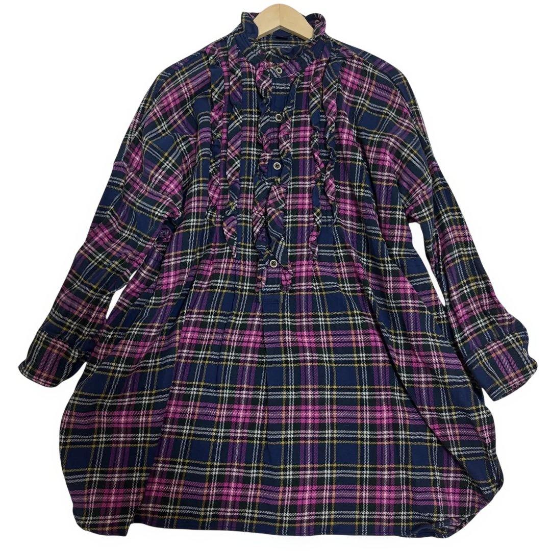 美品 45R インドネル フリルチュニック チェック 背中Rロゴ刺繍 ピンク F