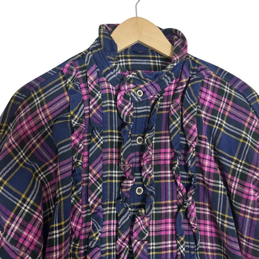 美品 45R インドネル フリルチュニック チェック 背中Rロゴ刺繍 ピンク F