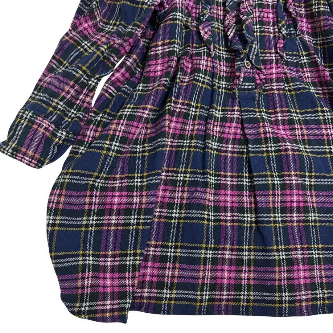 美品 45R インドネル フリルチュニック チェック 背中Rロゴ刺繍 ピンク F