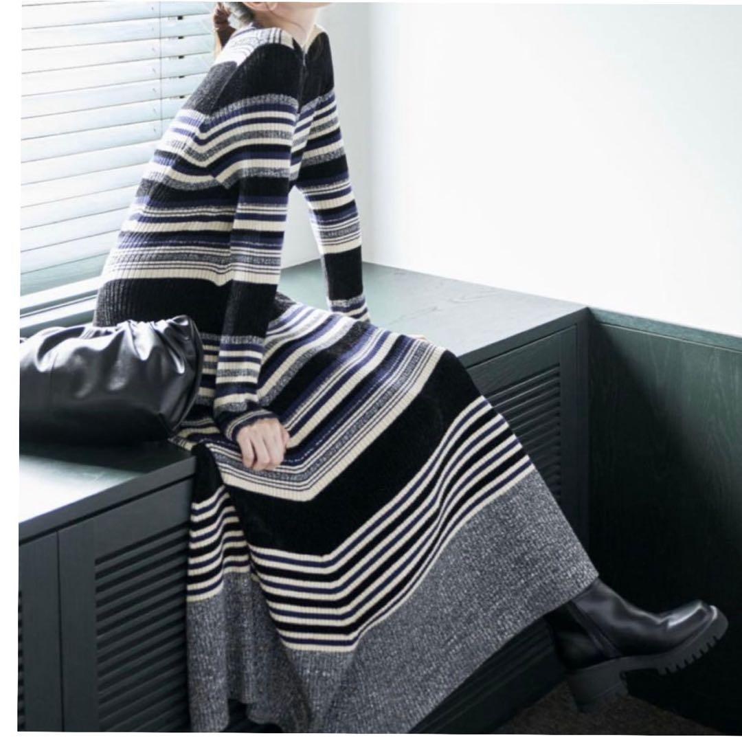 ココディール　マルチボーダーフレアニットワンピース