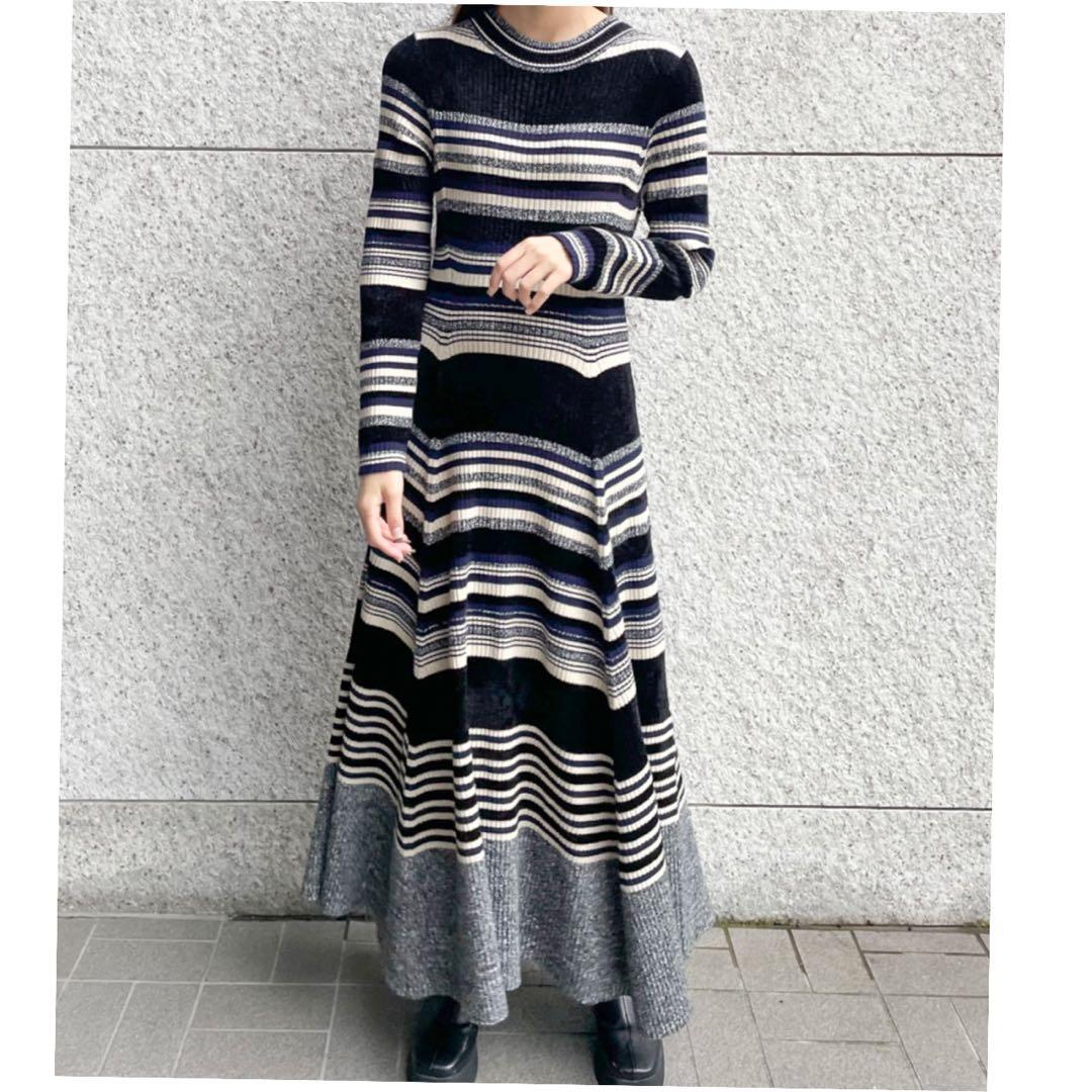 ココディール　マルチボーダーフレアニットワンピース