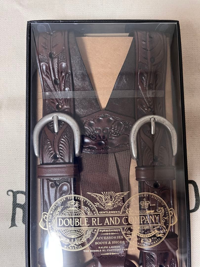 【未使用】ダブルアールエル RRL レザー カービング サスペンダー ブラウン