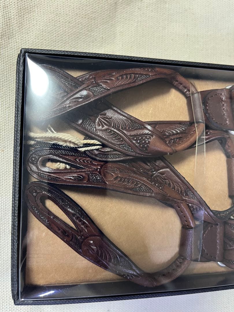 【未使用】ダブルアールエル RRL レザー カービング サスペンダー ブラウン