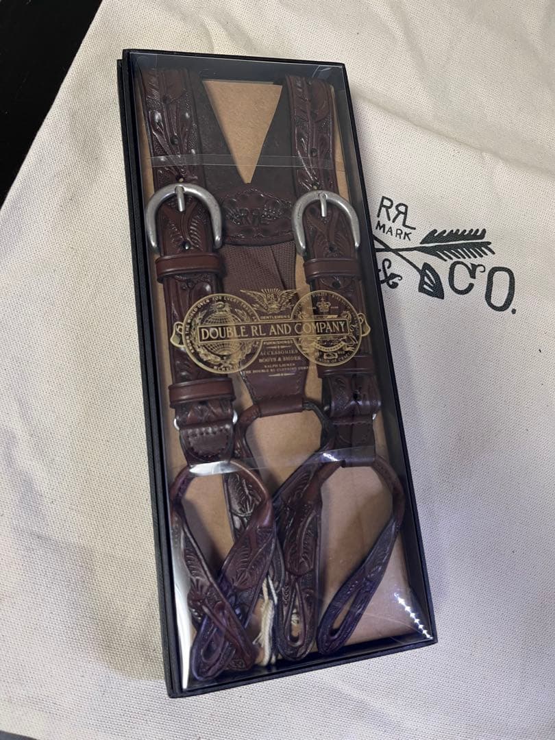 【未使用】ダブルアールエル RRL レザー カービング サスペンダー ブラウン