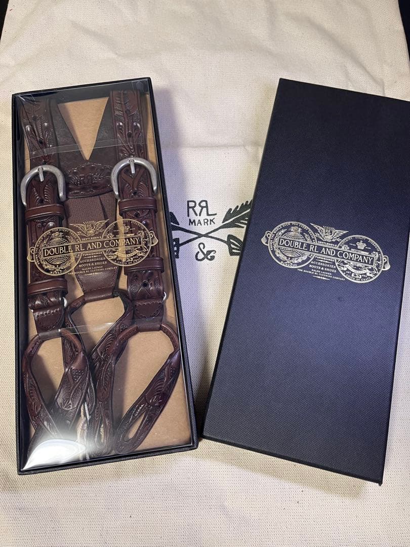 【未使用】ダブルアールエル RRL レザー カービング サスペンダー ブラウン