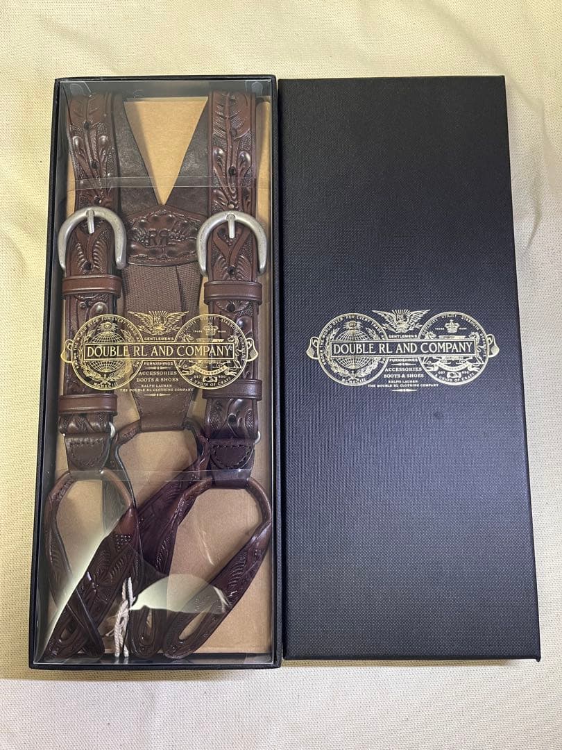 【未使用】ダブルアールエル RRL レザー カービング サスペンダー ブラウン