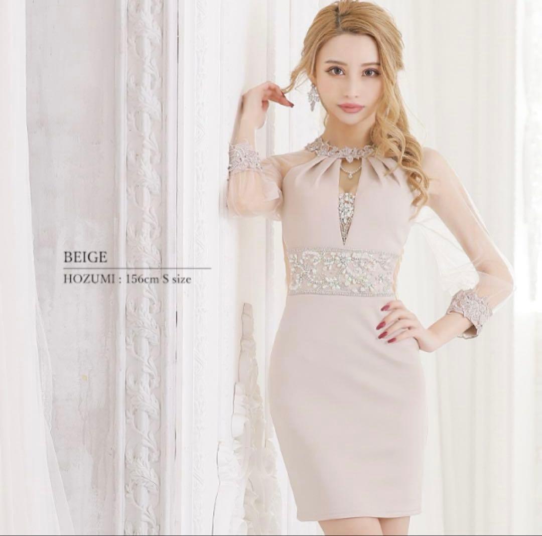 ベージュ ビーズ刺繍 タイトドレス Sサイズ