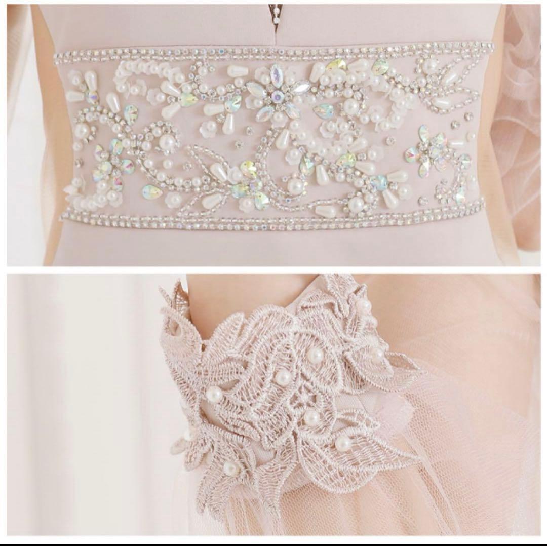 ベージュ ビーズ刺繍 タイトドレス Sサイズ