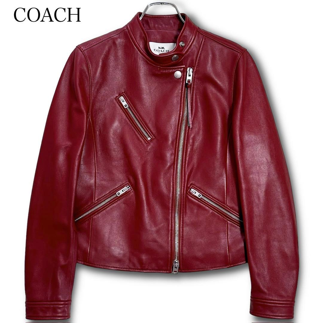 COACH シングルライダース レザージャケット 羊革 ラムレザー レッド系