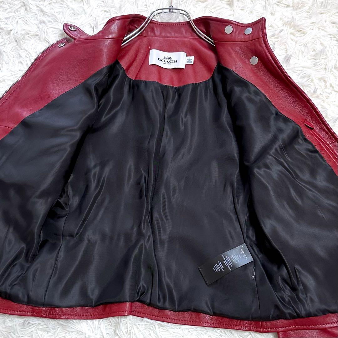 COACH シングルライダース レザージャケット 羊革 ラムレザー レッド系