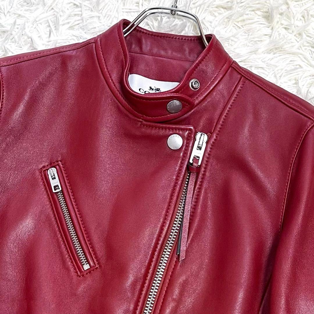 COACH シングルライダース レザージャケット 羊革 ラムレザー レッド系