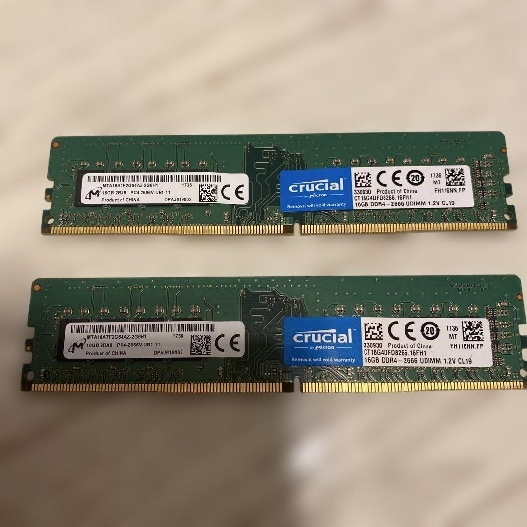 Crucial 16GB DDR4 2666MHz UDIMM メモリ2枚