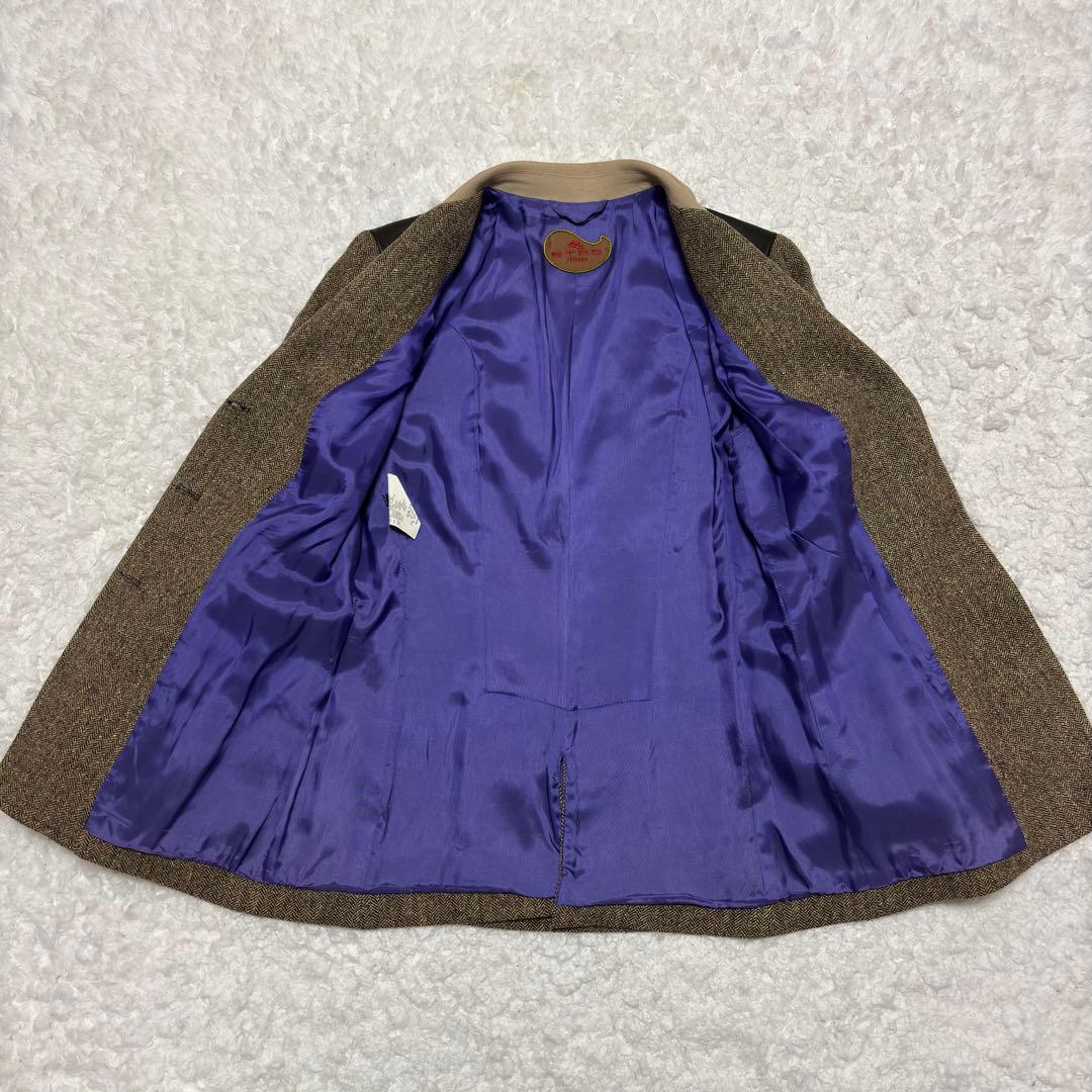 ETRO エトロ ヘリンボーン ウールカシミヤシルク レザー肩パッチ ジャケット