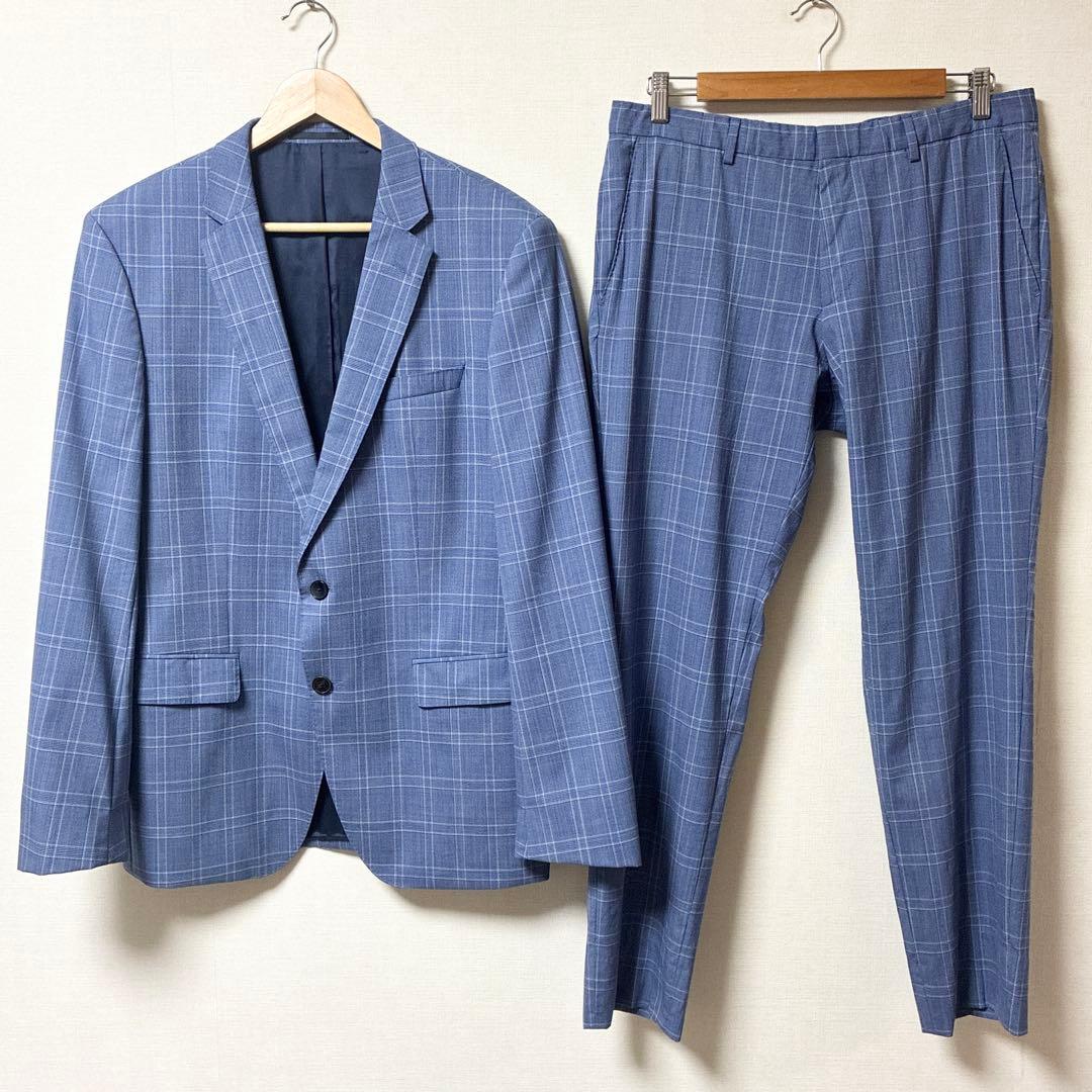 美品 現行タグ ヒューゴボス カルロバルベラ セットアップスーツ 青 チェック