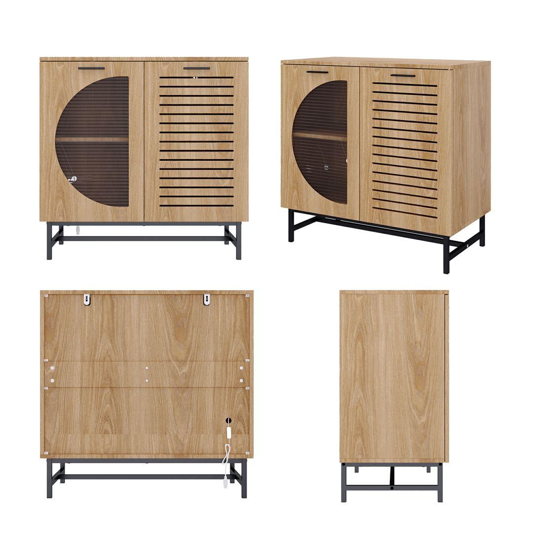 新品未開封 キャビネット 木目調 サイドボード LEDライト付き 北欧風