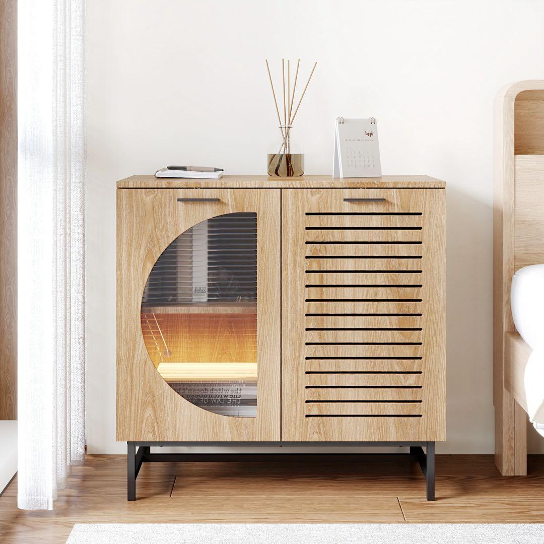 新品未開封 キャビネット 木目調 サイドボード LEDライト付き 北欧風