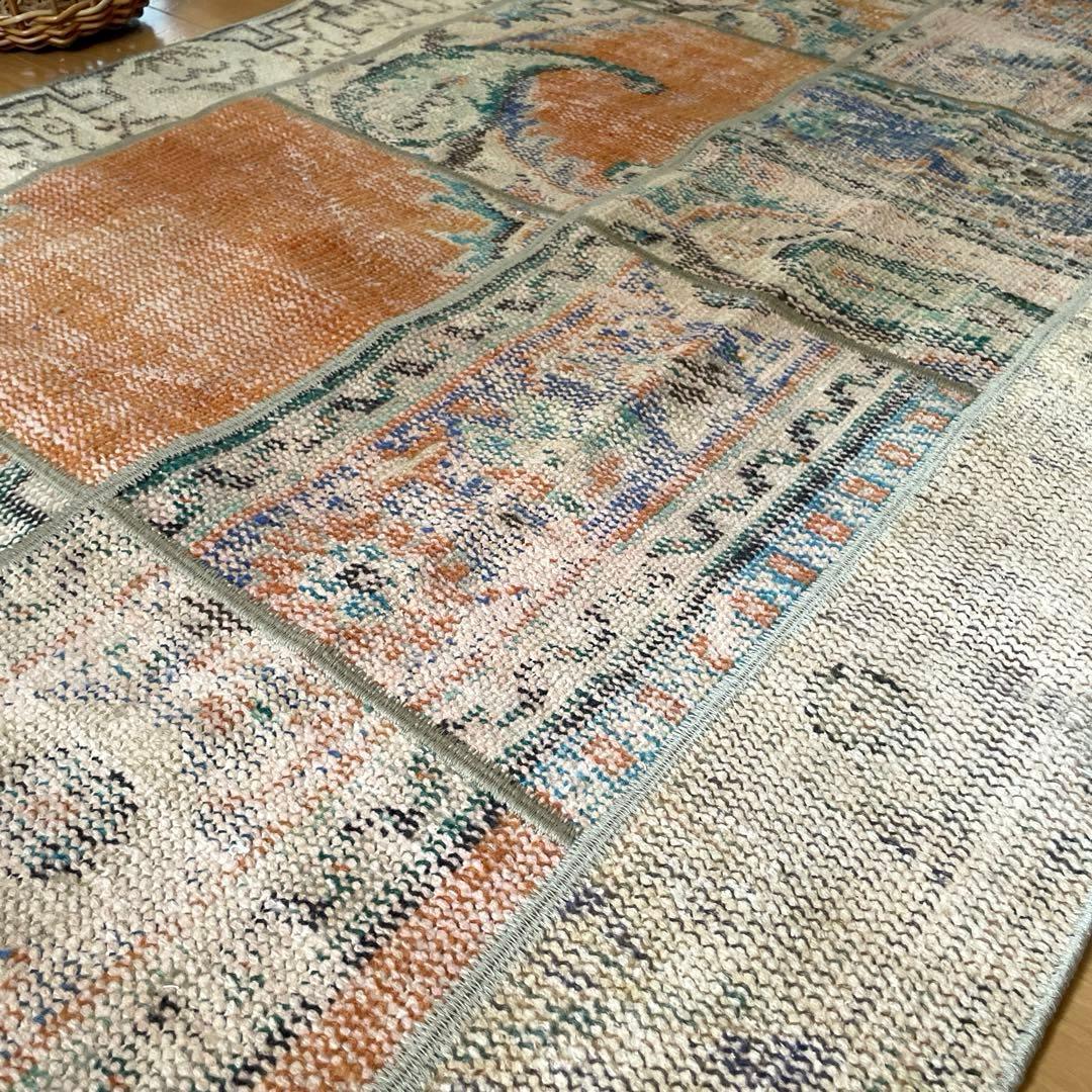 91×191優しいオレンジカラー　パッチワーク　トルコヴィンテージラグ