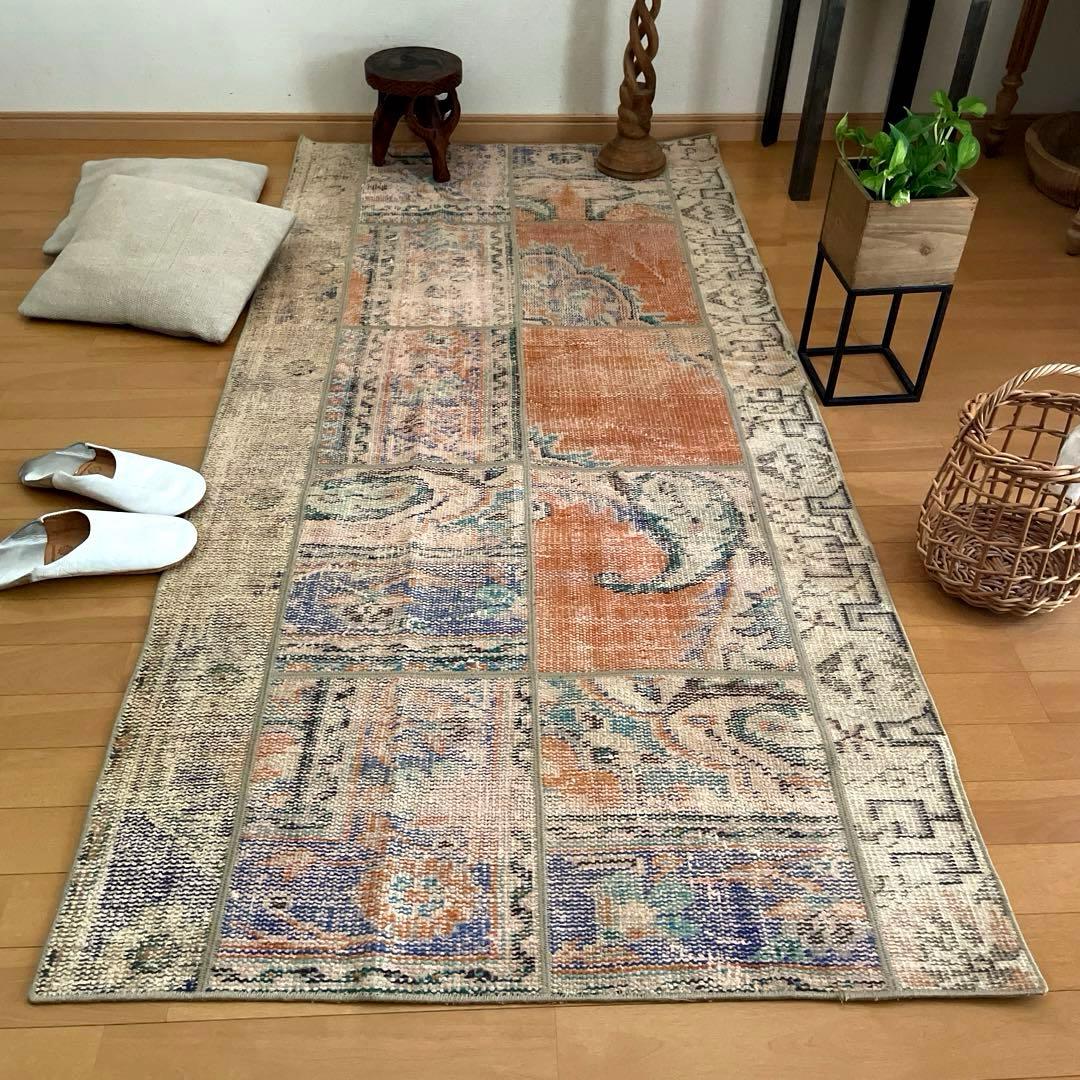 91×191優しいオレンジカラー　パッチワーク　トルコヴィンテージラグ