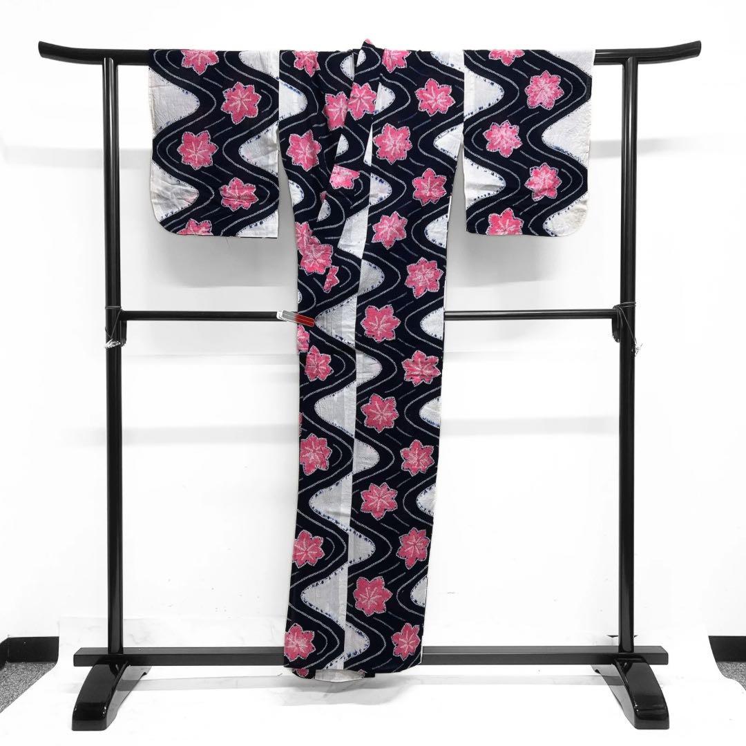 浴衣　有松鳴海絞り　藍染　楓　流水　ネイビー　ピンク　着物　035a d