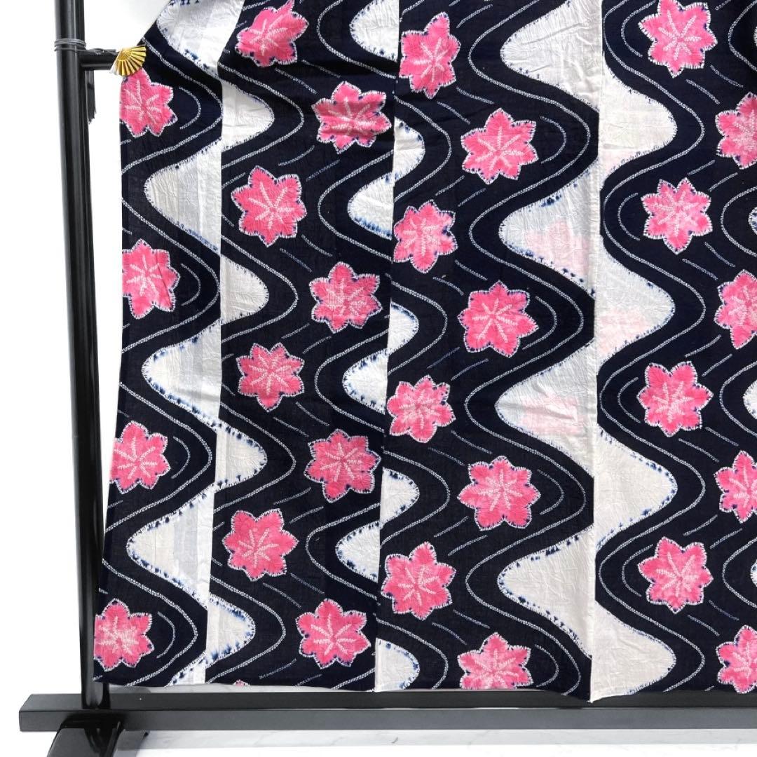 浴衣　有松鳴海絞り　藍染　楓　流水　ネイビー　ピンク　着物　035a d